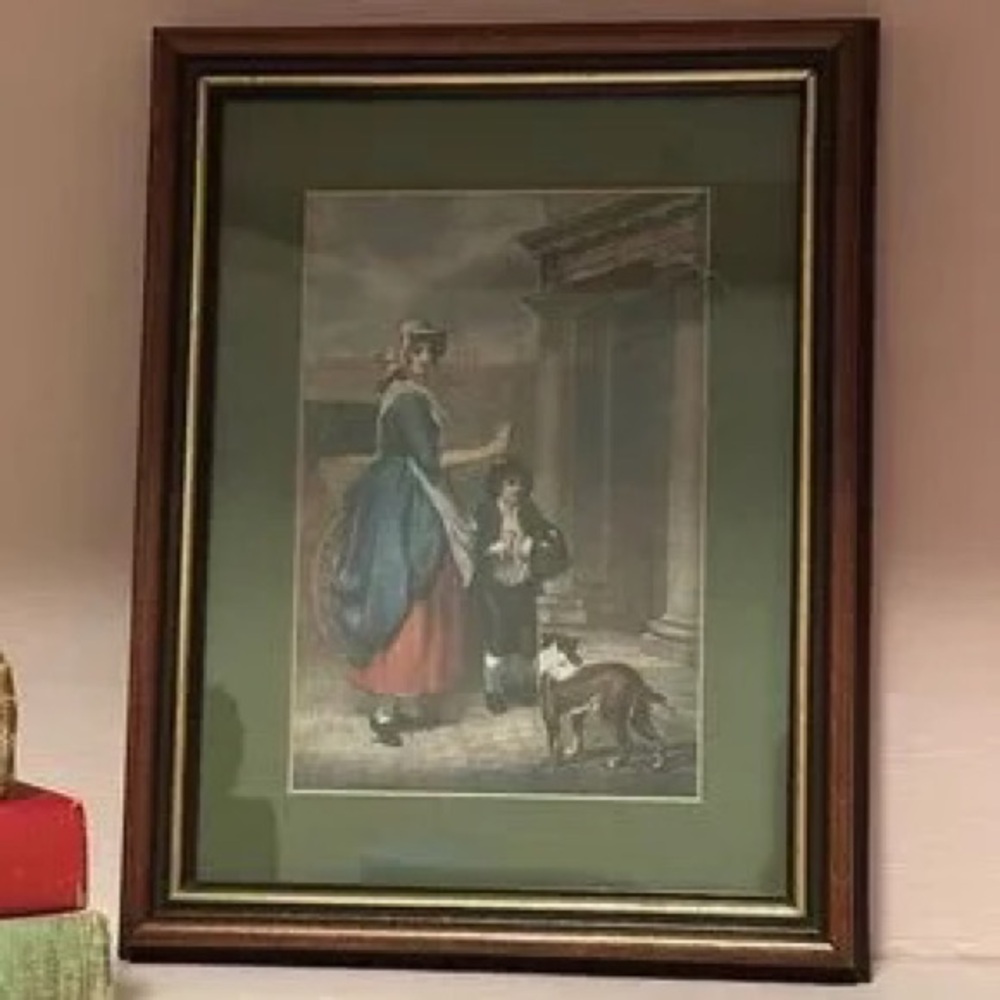 Framed Vintage-Style Print with Green Mat and Dark Wood Frame